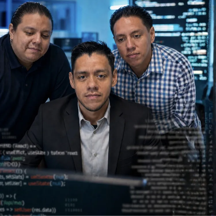 Equipo de desarrollo trabajando en una solución tecnológica
